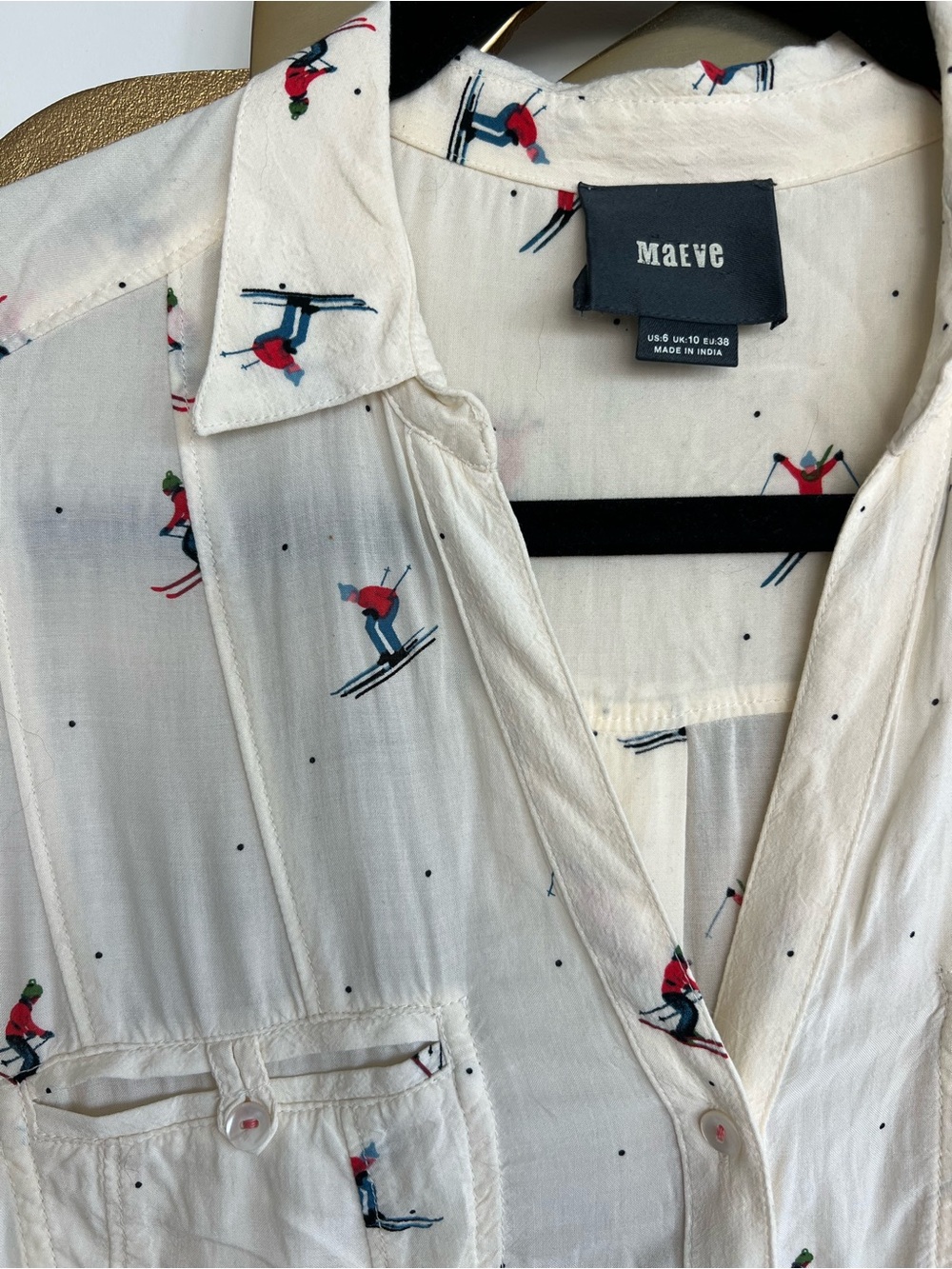 Anthropologie Maeve Apres Ski Cream Skiier-Print Button-Front Shirt
